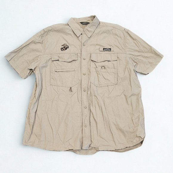 Eddie Bauer Men XL Beige Eagle Embroidered Cotton Mesh Button Short Sleeve Shirt - Picture 1 of 8